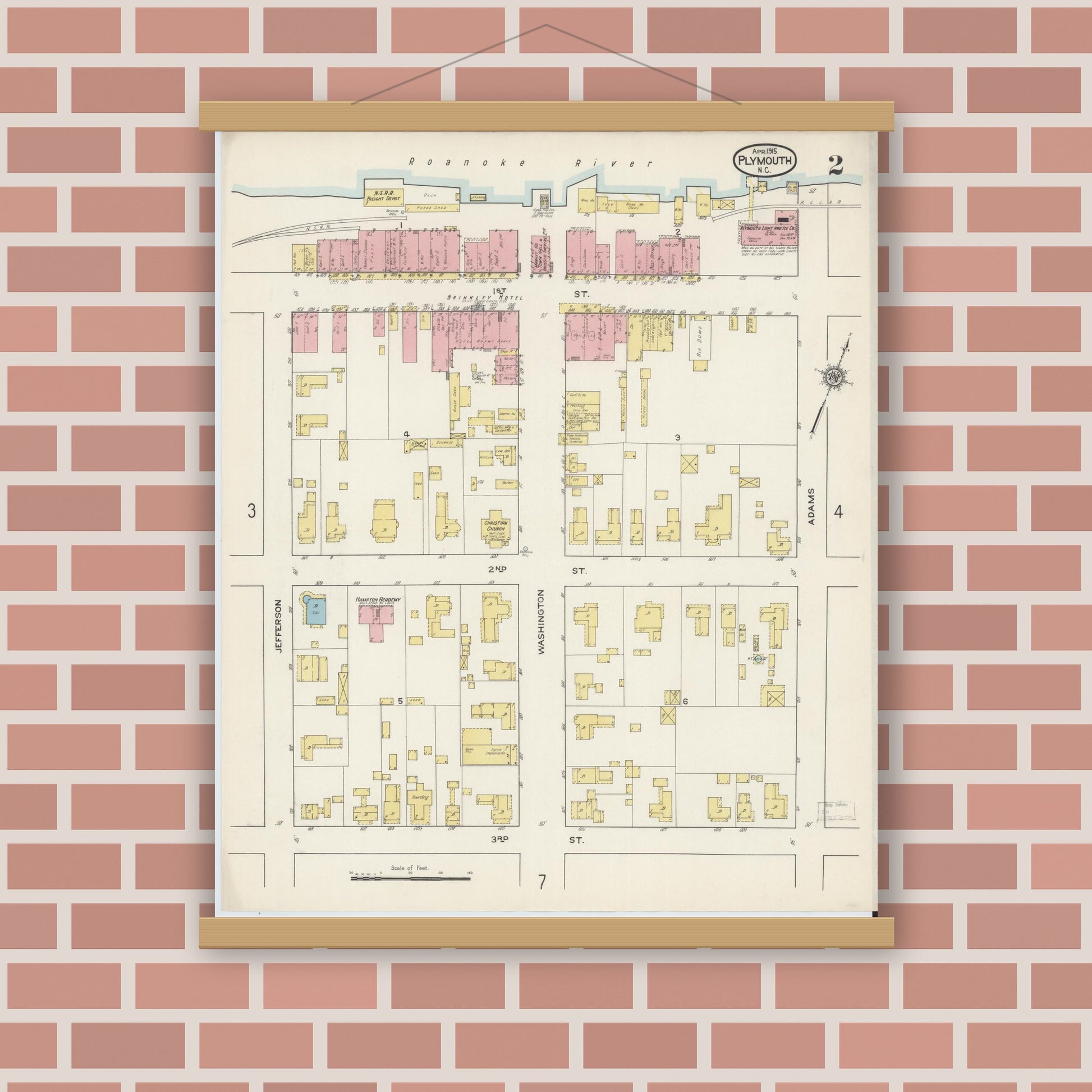 Old map wall art mockup — magnetic wood frame on brick wall — Sanborn Fire Insurance Map from Plymouth, Washington County, North Carolina (1915), Sheet #0002