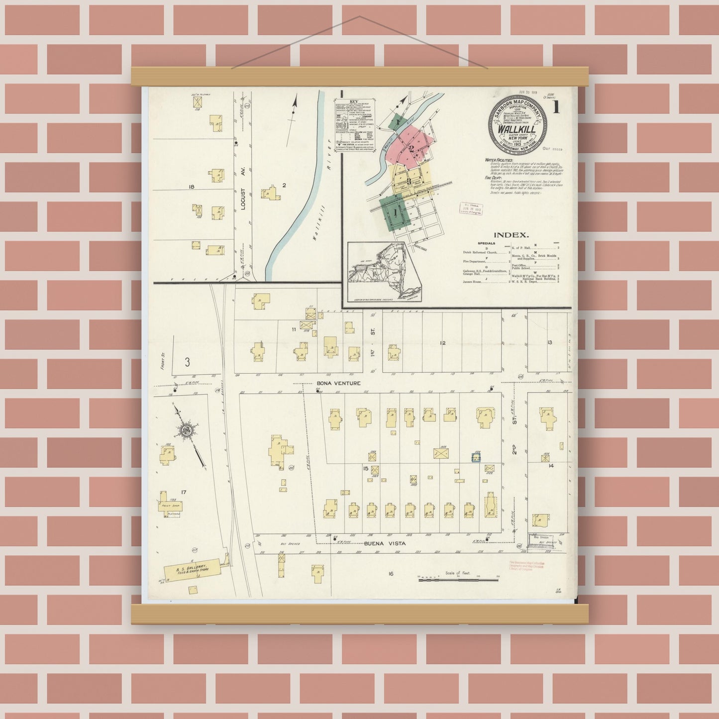 Old map wall art mockup — magnetic wood frame on brick wall — Sanborn Fire Insurance Map from Wallkill, Ulster County, New York (1913) - Complete Map Set