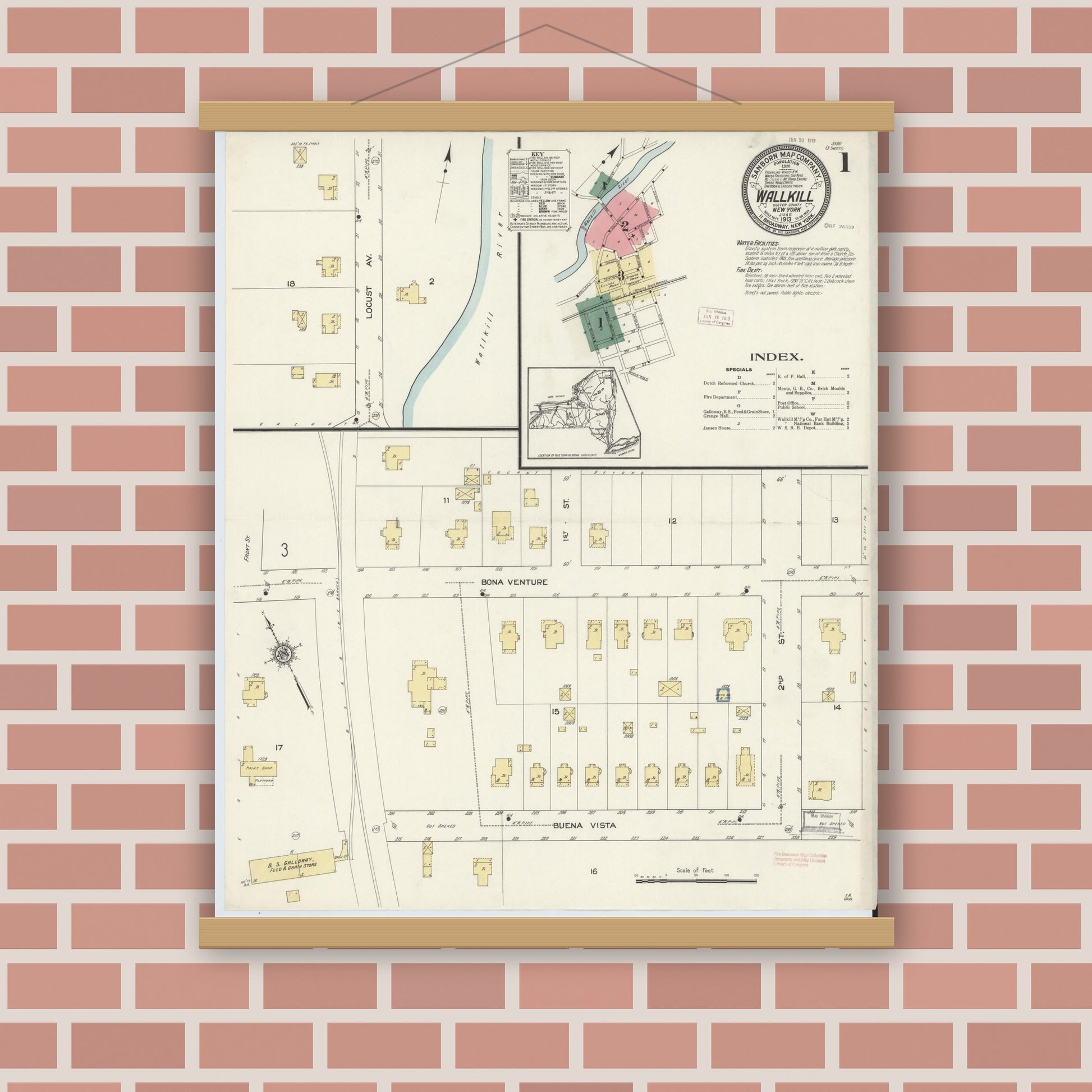 Old map wall art mockup — magnetic wood frame on brick wall — Sanborn Fire Insurance Map from Wallkill, Ulster County, New York (1913) - Complete Map Set