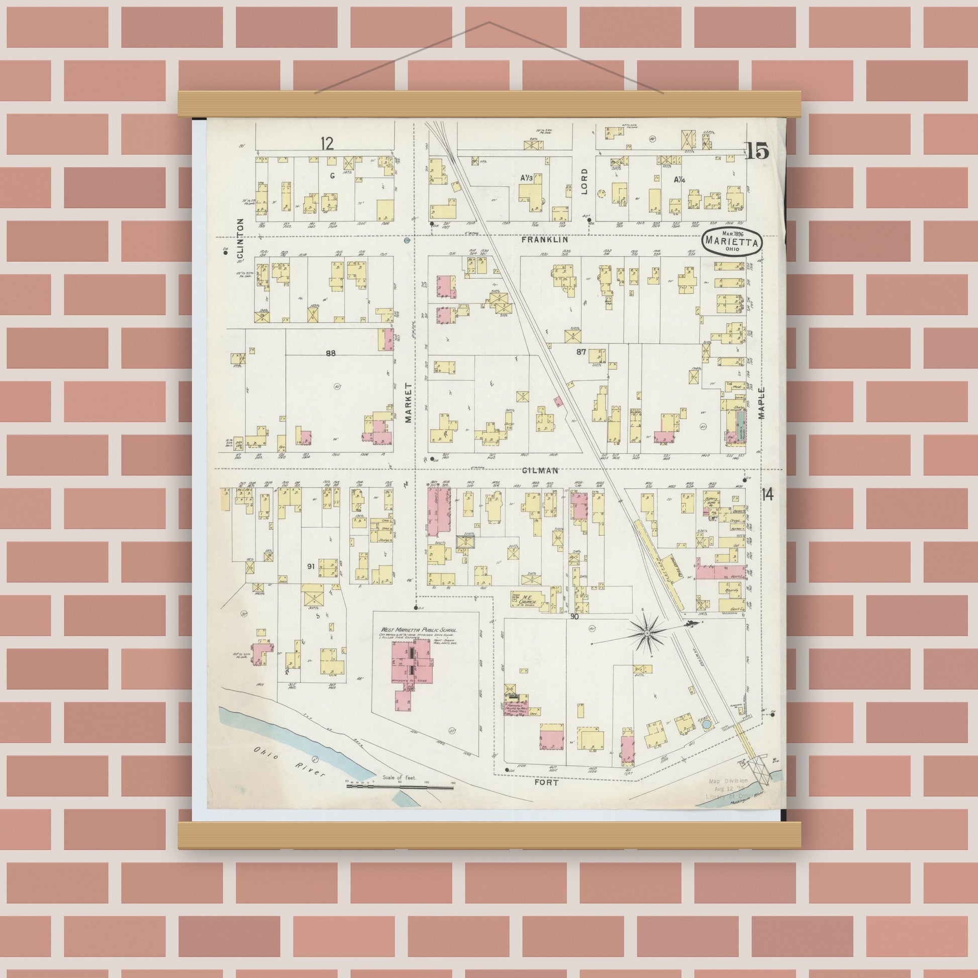 Old map wall art mockup — magnetic wood frame on brick wall — Sanborn Fire Insurance Map from Marietta, Washington County, Ohio (1896), Sheet #0015