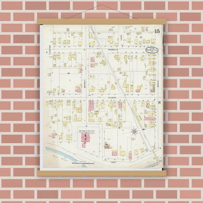 Old map wall art mockup — magnetic wood frame on brick wall — Sanborn Fire Insurance Map from Marietta, Washington County, Ohio (1896), Sheet #0015