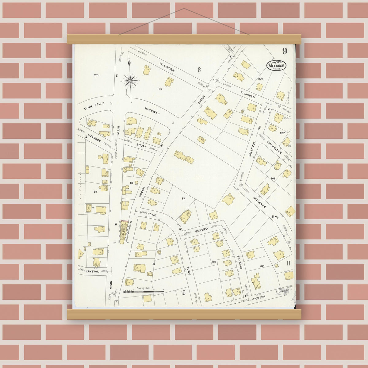 Old map wall art mockup — magnetic wood frame on brick wall — Sanborn Fire Insurance Map from Melrose, Middlesex County, Massachusetts (1909), Sheet #0009