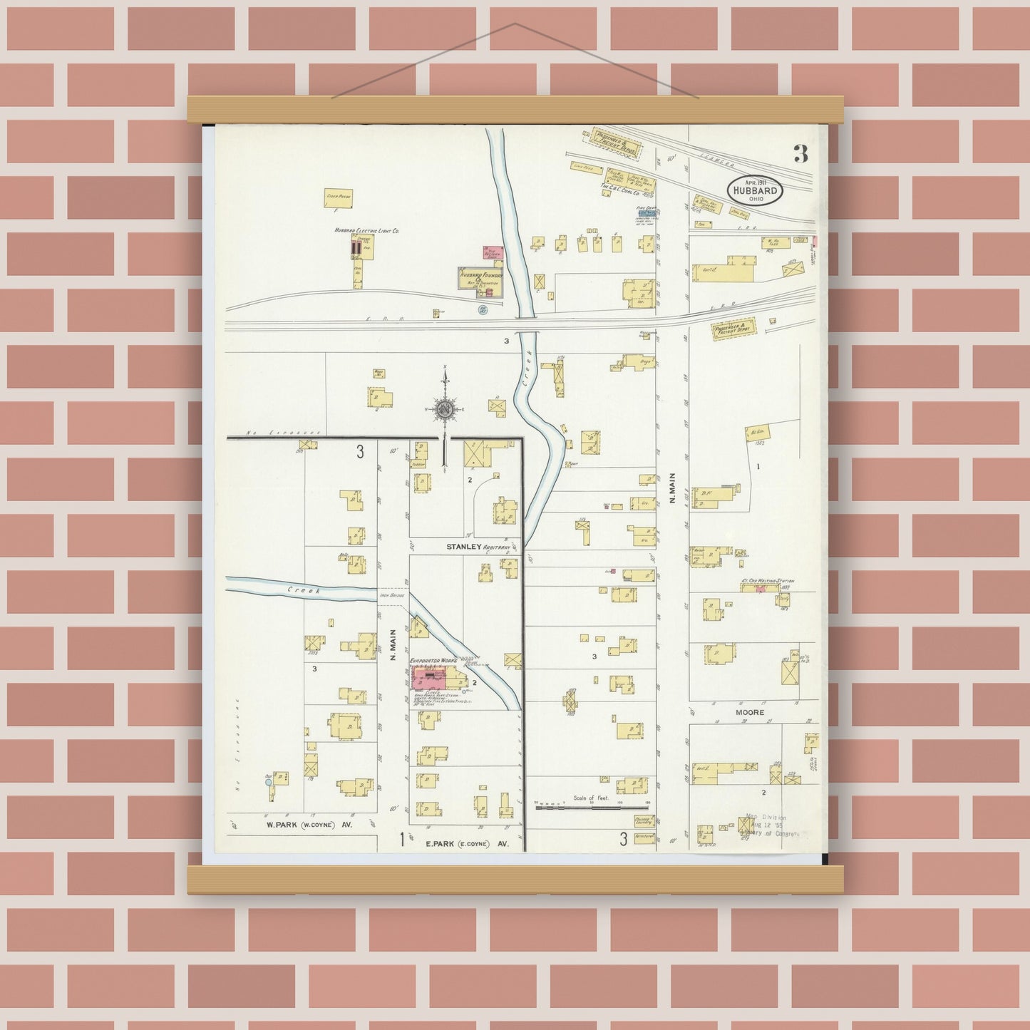 Old map wall art mockup — magnetic wood frame on brick wall — Sanborn Fire Insurance Map from Hubbard, Trumbull County, Ohio (1911), Sheet #0003