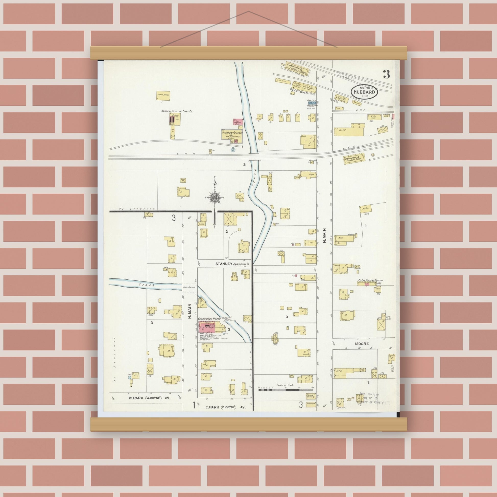 Old map wall art mockup — magnetic wood frame on brick wall — Sanborn Fire Insurance Map from Hubbard, Trumbull County, Ohio (1911), Sheet #0003