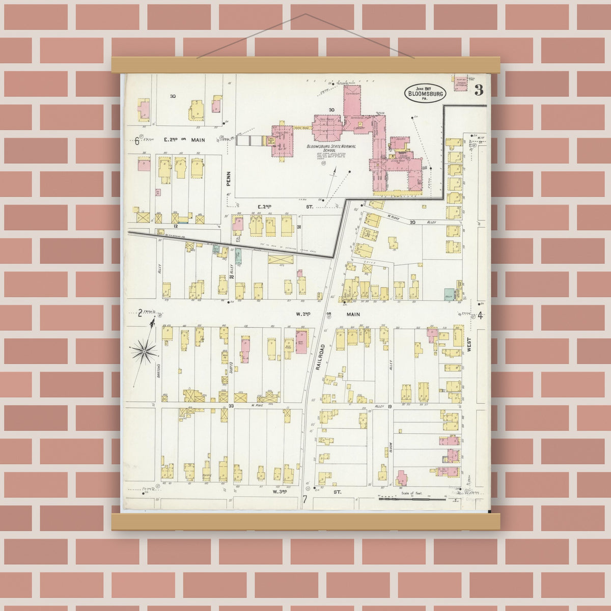 Old map wall art mockup — magnetic wood frame on brick wall — Sanborn Fire Insurance Map from Bloomsburg, Columbia County, Pennsylvania (1907), Sheet #0003