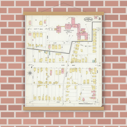 Old map wall art mockup — magnetic wood frame on brick wall — Sanborn Fire Insurance Map from Bloomsburg, Columbia County, Pennsylvania (1907), Sheet #0003