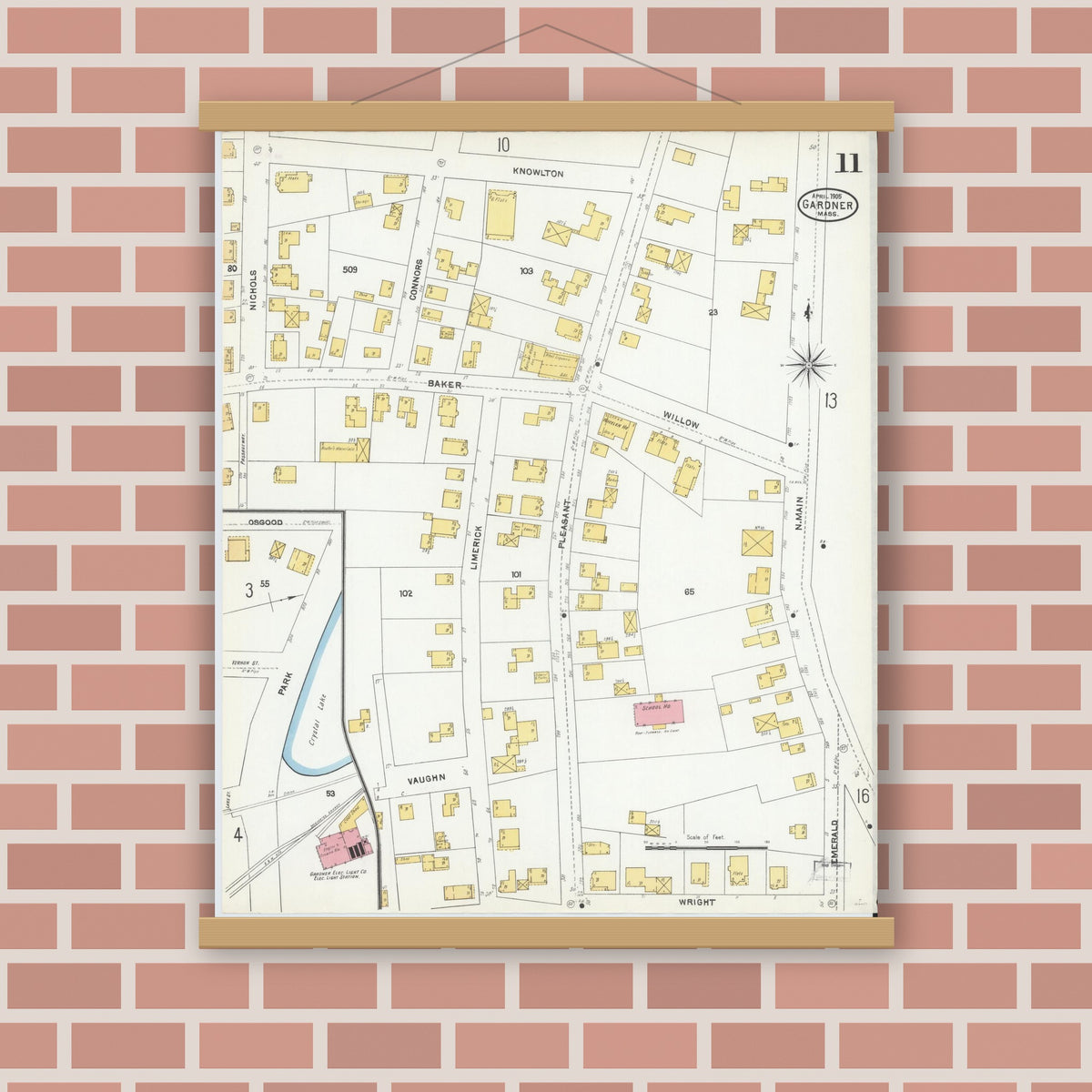 Old map wall art mockup — magnetic wood frame on brick wall — Sanborn Fire Insurance Map from Gardner, Worcester County, Massachusetts (1905), Sheet #0011