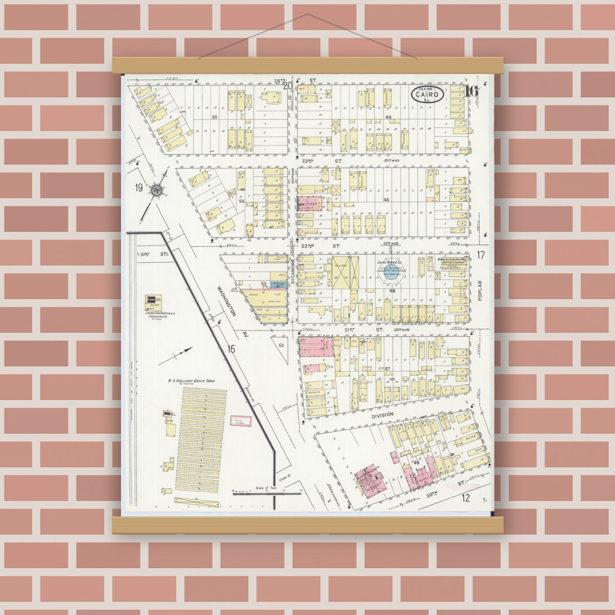 Old map wall art mockup — magnetic wood frame on brick wall — Sanborn Fire Insurance Map from Cairo, Alexander County, Illinois (1914), Sheet #0016