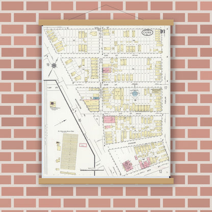 Old map wall art mockup — magnetic wood frame on brick wall — Sanborn Fire Insurance Map from Cairo, Alexander County, Illinois (1914), Sheet #0016