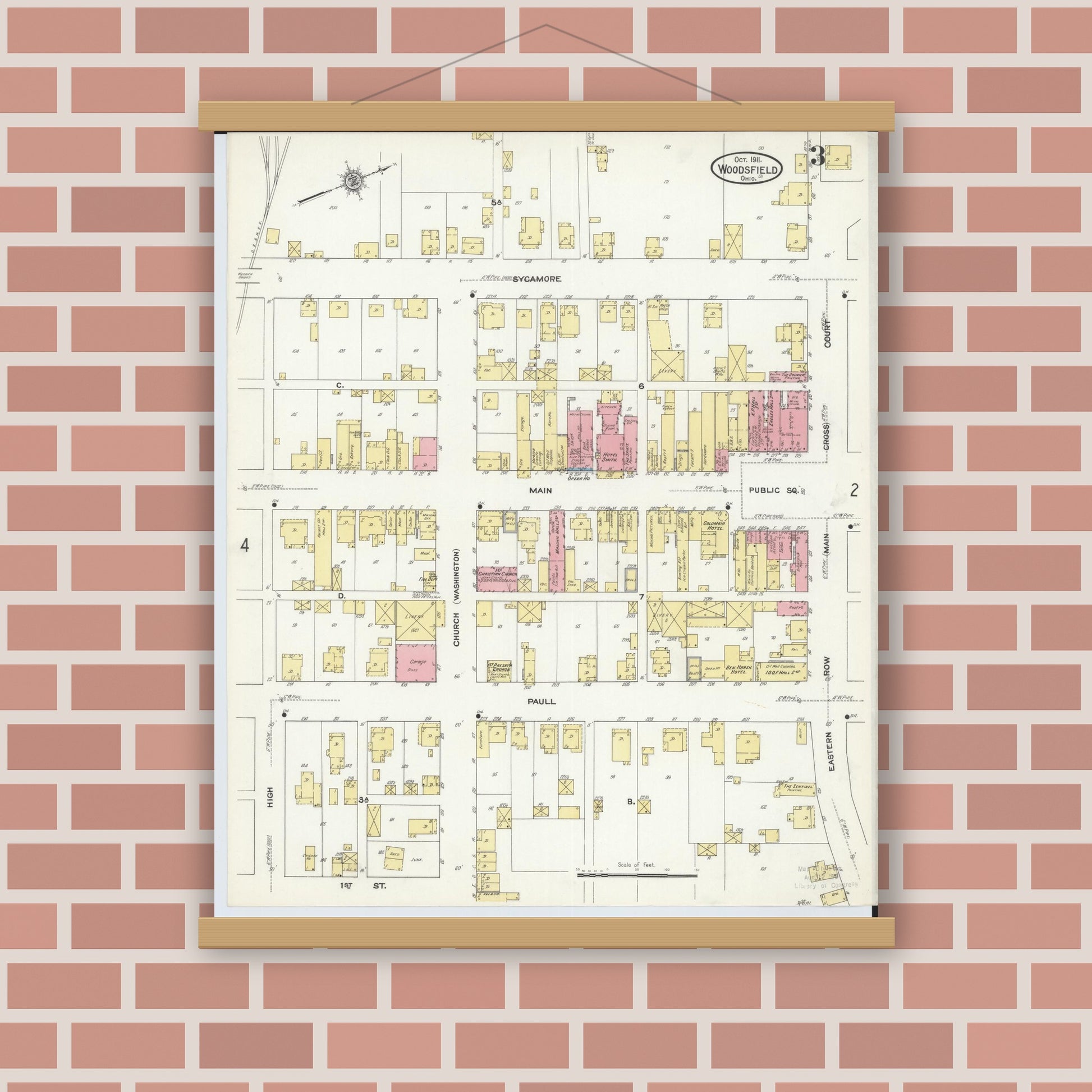 Old map wall art mockup — magnetic wood frame on brick wall — Sanborn Fire Insurance Map from Woodsfield, Monroe County, Ohio (1911), Sheet #0003