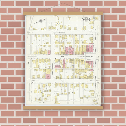 Old map wall art mockup — magnetic wood frame on brick wall — Sanborn Fire Insurance Map from Woodsfield, Monroe County, Ohio (1911), Sheet #0003