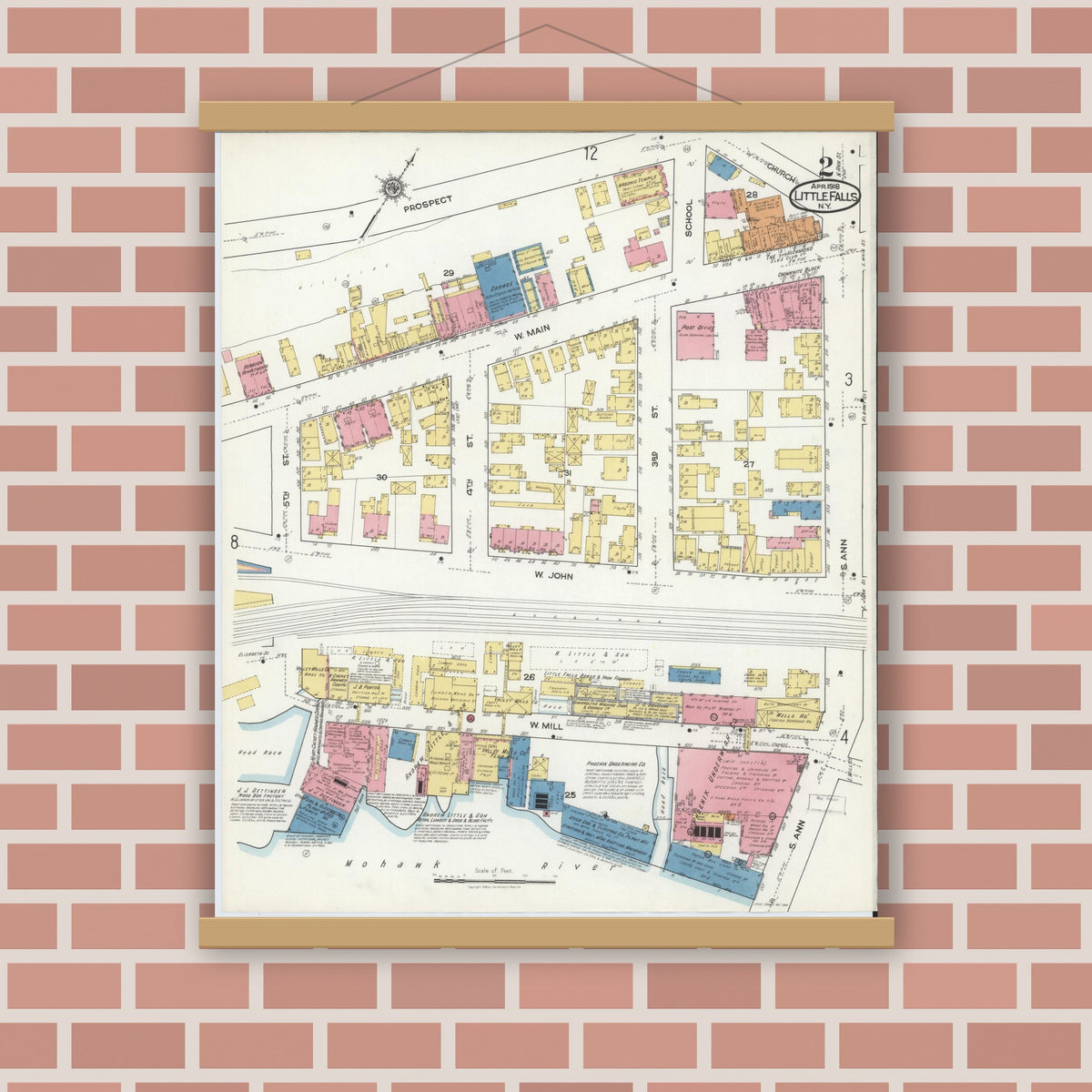 Old map wall art mockup — magnetic wood frame on brick wall — Sanborn Fire Insurance Map from Little Falls, Herkimer County, New York (1918), Sheet #0002