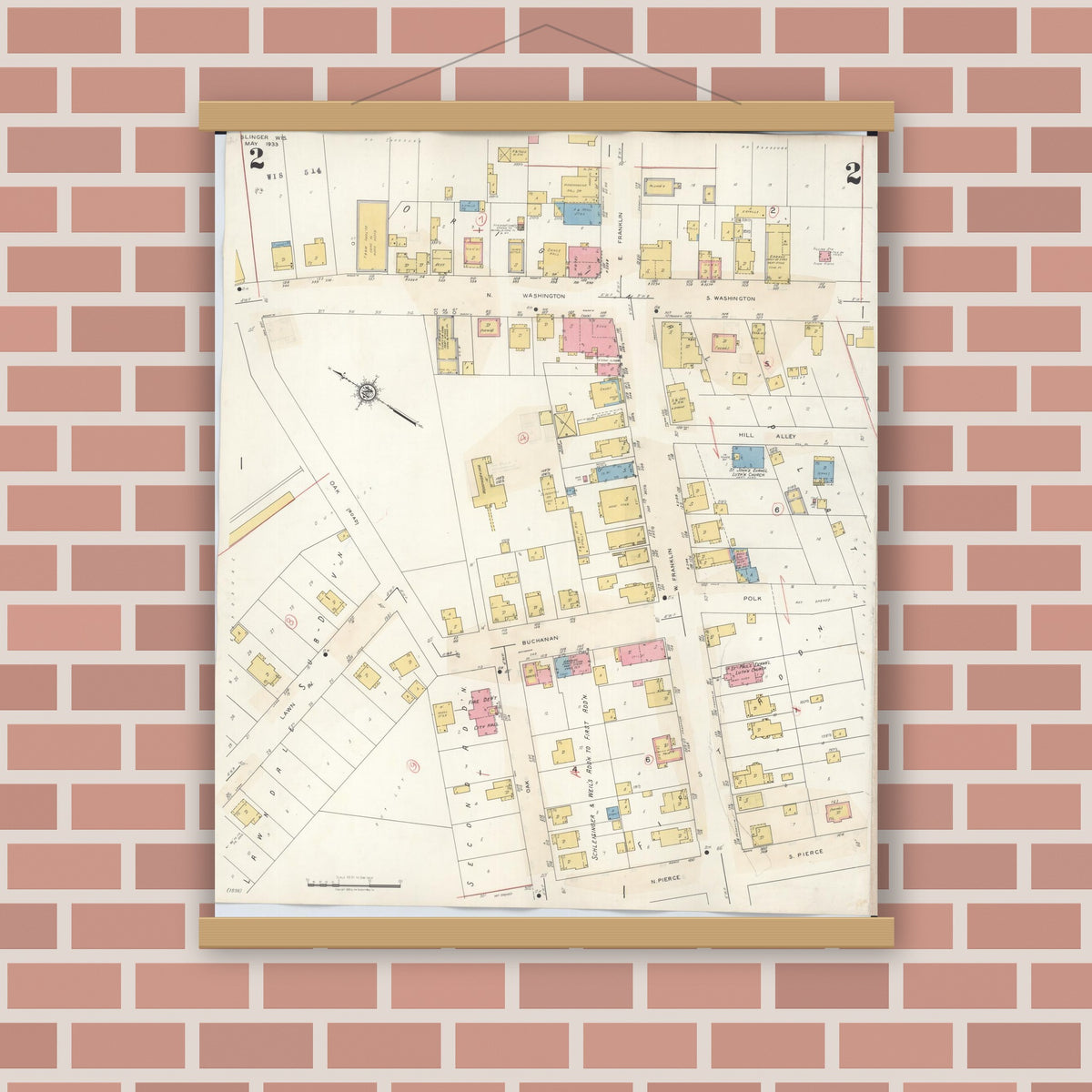 Old map wall art mockup — magnetic wood frame on brick wall — Sanborn Fire Insurance Map from Slinger, Washington County, Wisconsin (1944), Sheet #0002