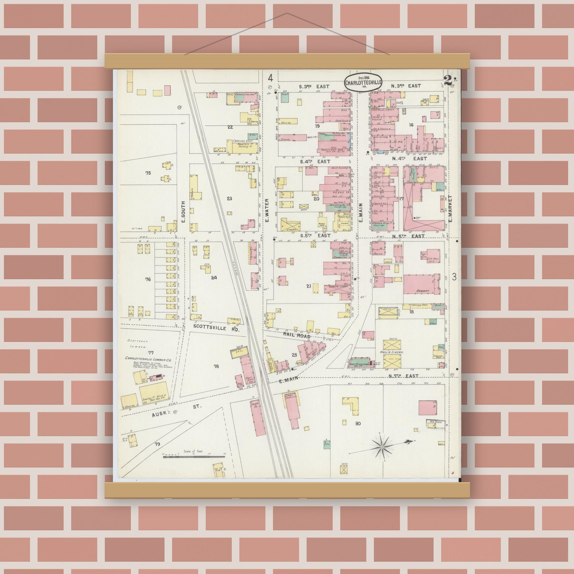 Old map wall art mockup — magnetic wood frame on brick wall — Sanborn Fire Insurance Map from Charlottesville, Independent Cities, Virginia (1896), Sheet #0002