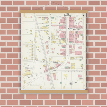 Old map wall art mockup — magnetic wood frame on brick wall — Sanborn Fire Insurance Map from Charlottesville, Independent Cities, Virginia (1896), Sheet #0002