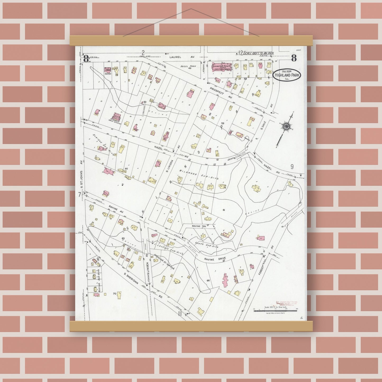 Old map wall art mockup — magnetic wood frame on brick wall — Sanborn Fire Insurance Map from Highland Park, Lake County, Illinois (1924), Sheet #0008