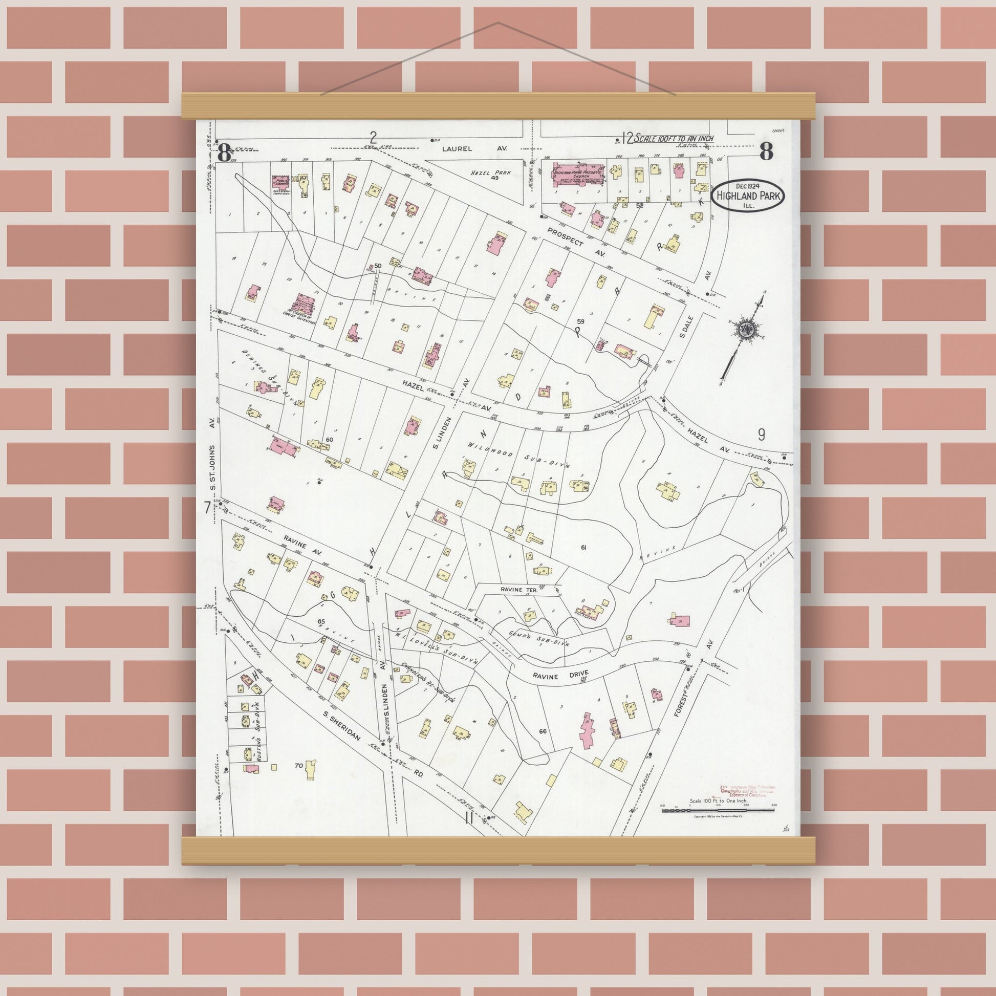 Old map wall art mockup — magnetic wood frame on brick wall — Sanborn Fire Insurance Map from Highland Park, Lake County, Illinois (1924), Sheet #0008