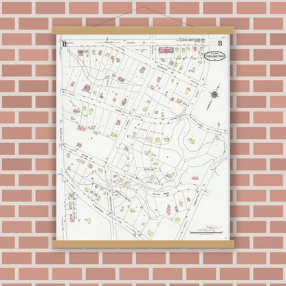 Old map wall art mockup — magnetic wood frame on brick wall — Sanborn Fire Insurance Map from Highland Park, Lake County, Illinois (1924), Sheet #0008