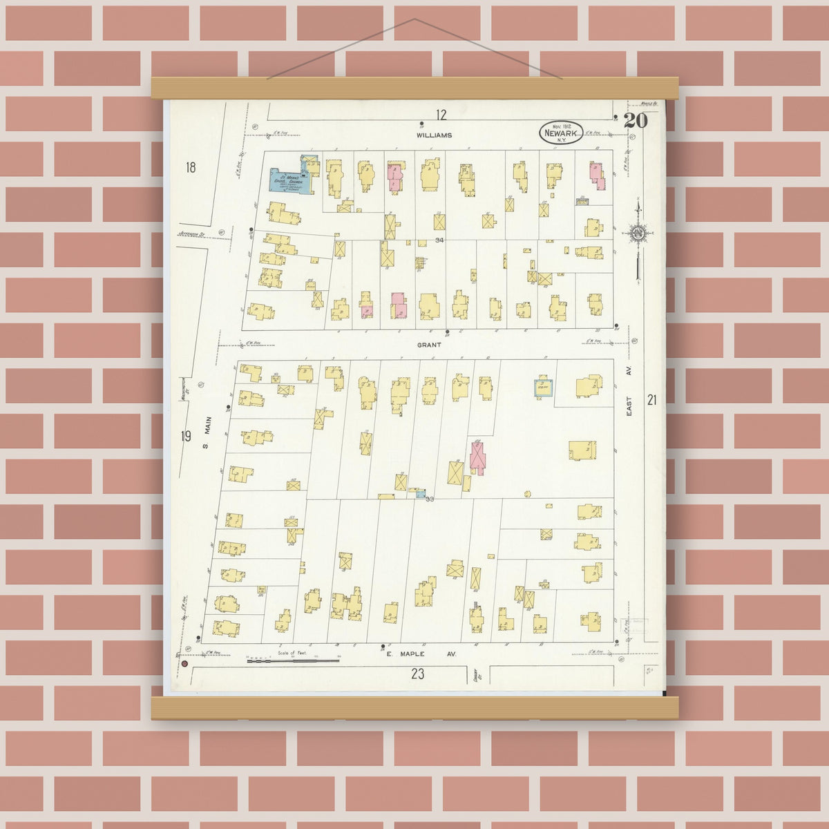 Old map wall art mockup — magnetic wood frame on brick wall — Sanborn Fire Insurance Map from Newark, Wayne County, New York (1912), Sheet #0020