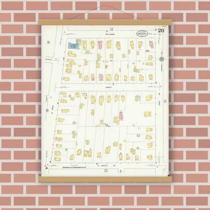 Old map wall art mockup — magnetic wood frame on brick wall — Sanborn Fire Insurance Map from Newark, Wayne County, New York (1912), Sheet #0020
