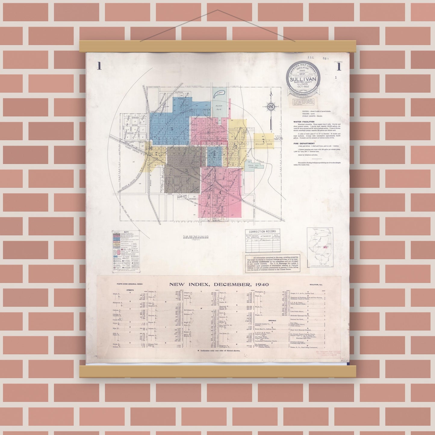 Old map wall art mockup — magnetic wood frame on brick wall — Sanborn Fire Insurance Map from Sullivan, Moultrie County, Illinois (1940) - Complete Map Set