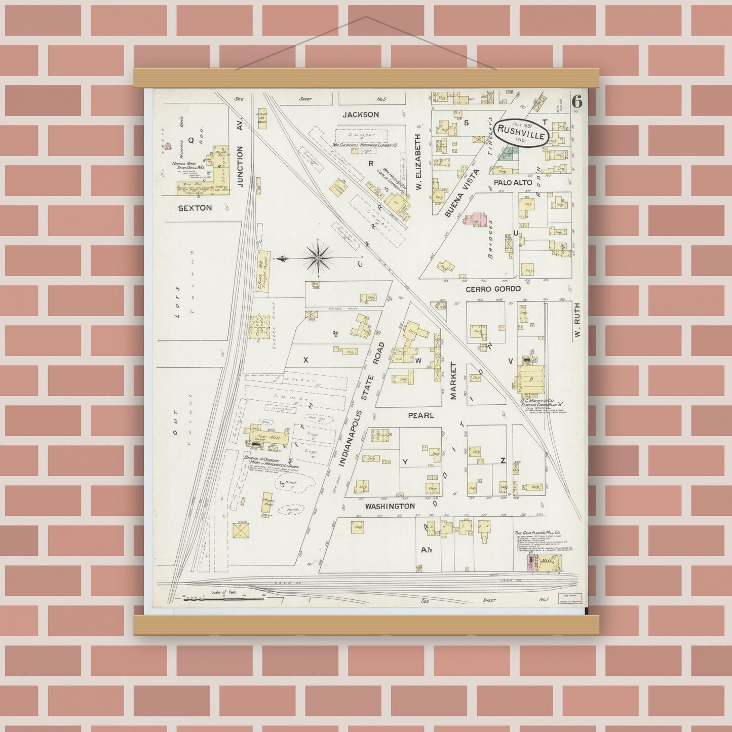 Old map wall art mockup — magnetic wood frame on brick wall — Sanborn Fire Insurance Map from Rushville, Rush County, Indiana (1887), Sheet #0006