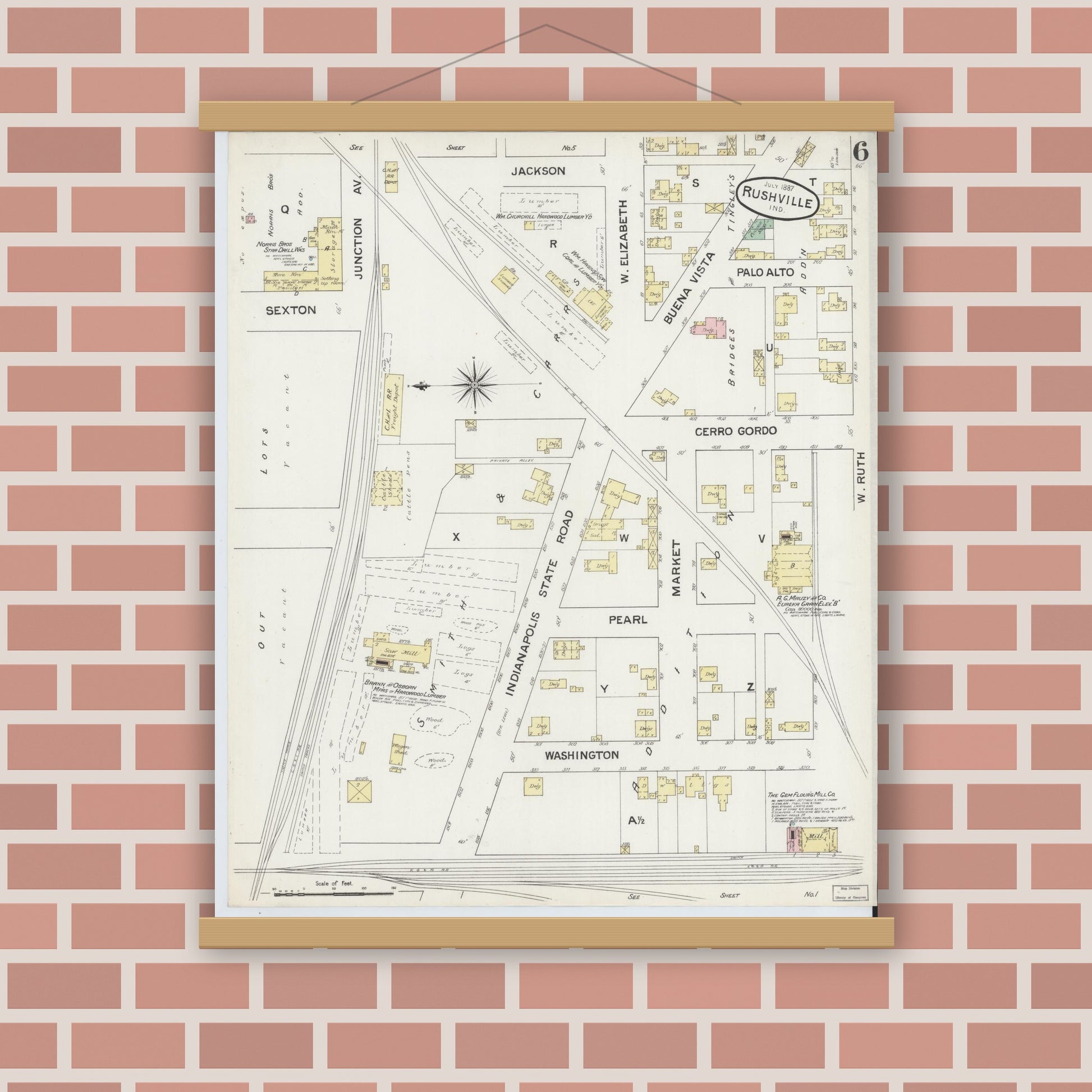 Old map wall art mockup — magnetic wood frame on brick wall — Sanborn Fire Insurance Map from Rushville, Rush County, Indiana (1887), Sheet #0006