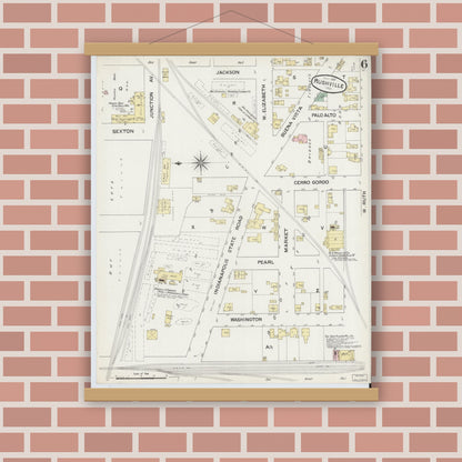 Old map wall art mockup — magnetic wood frame on brick wall — Sanborn Fire Insurance Map from Rushville, Rush County, Indiana (1887), Sheet #0006