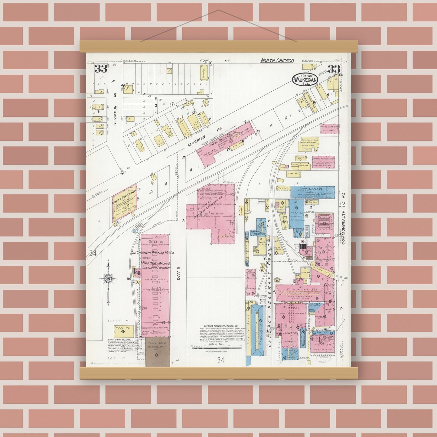 Old map wall art mockup — magnetic wood frame on brick wall — Sanborn Fire Insurance Map from Waukegan, Lake County, Illinois (1924), Sheet #0033