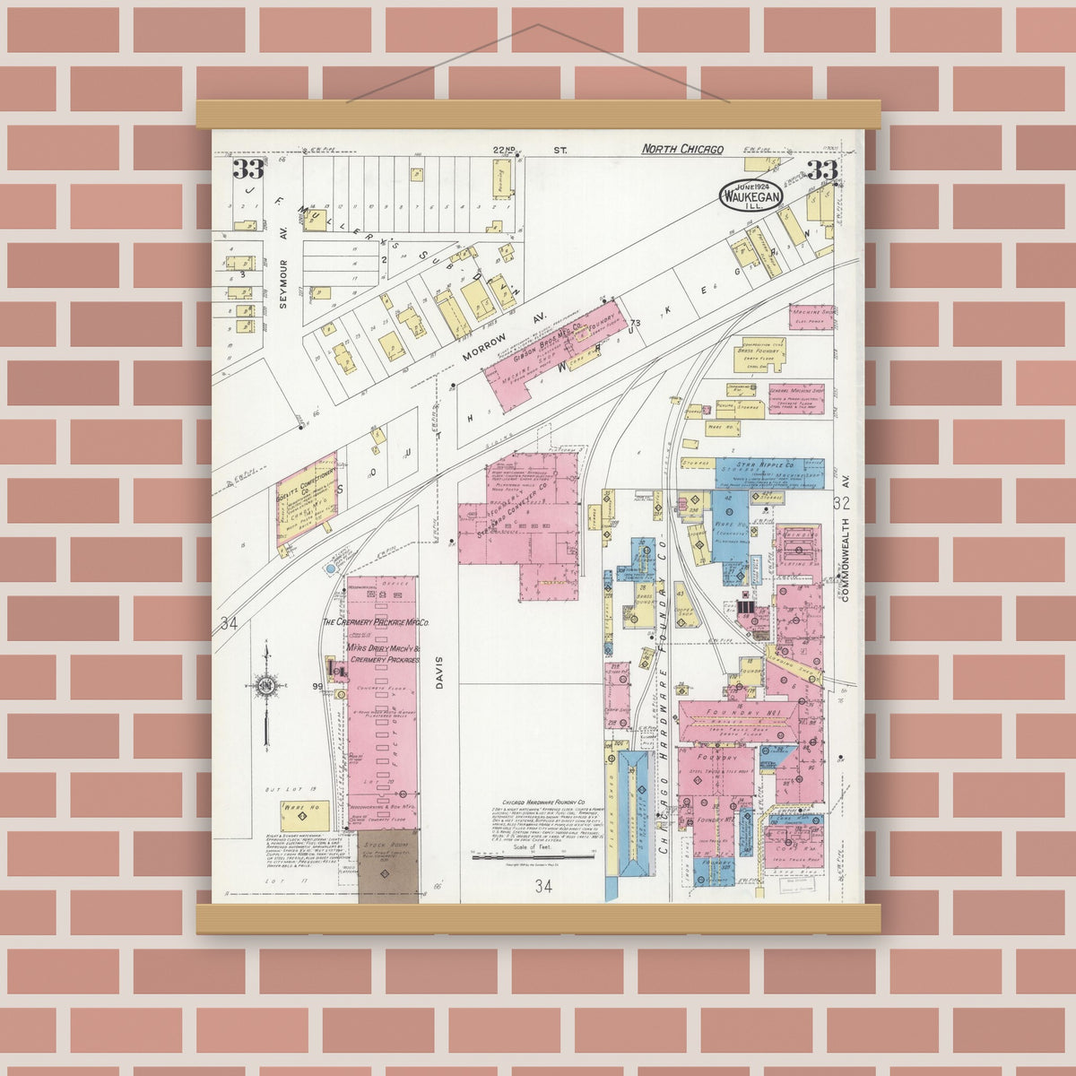 Old map wall art mockup — magnetic wood frame on brick wall — Sanborn Fire Insurance Map from Waukegan, Lake County, Illinois (1924), Sheet #0033