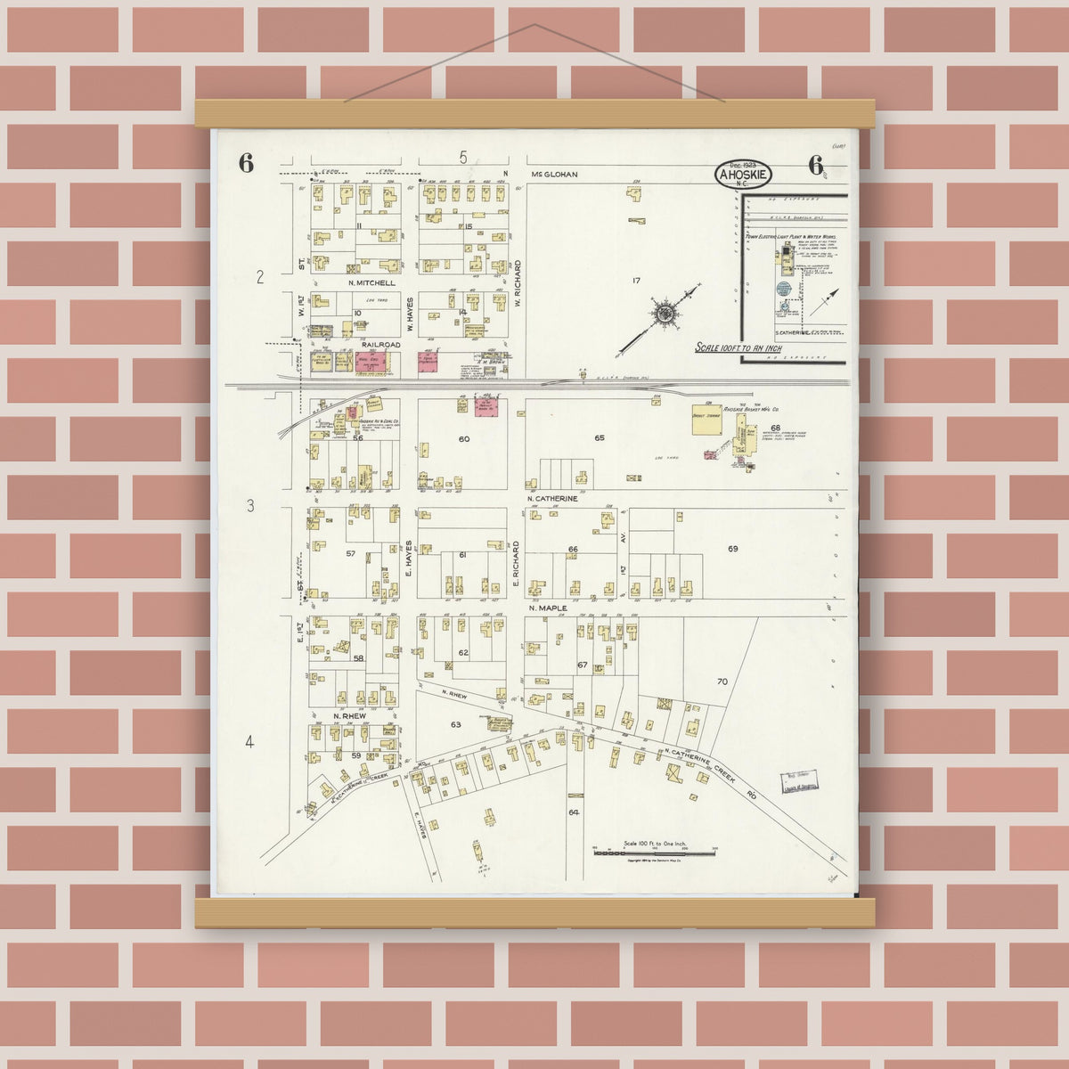 Old map wall art mockup — magnetic wood frame on brick wall — Sanborn Fire Insurance Map from Ahoskie, Hertford County, North Carolina (1923), Sheet #0006