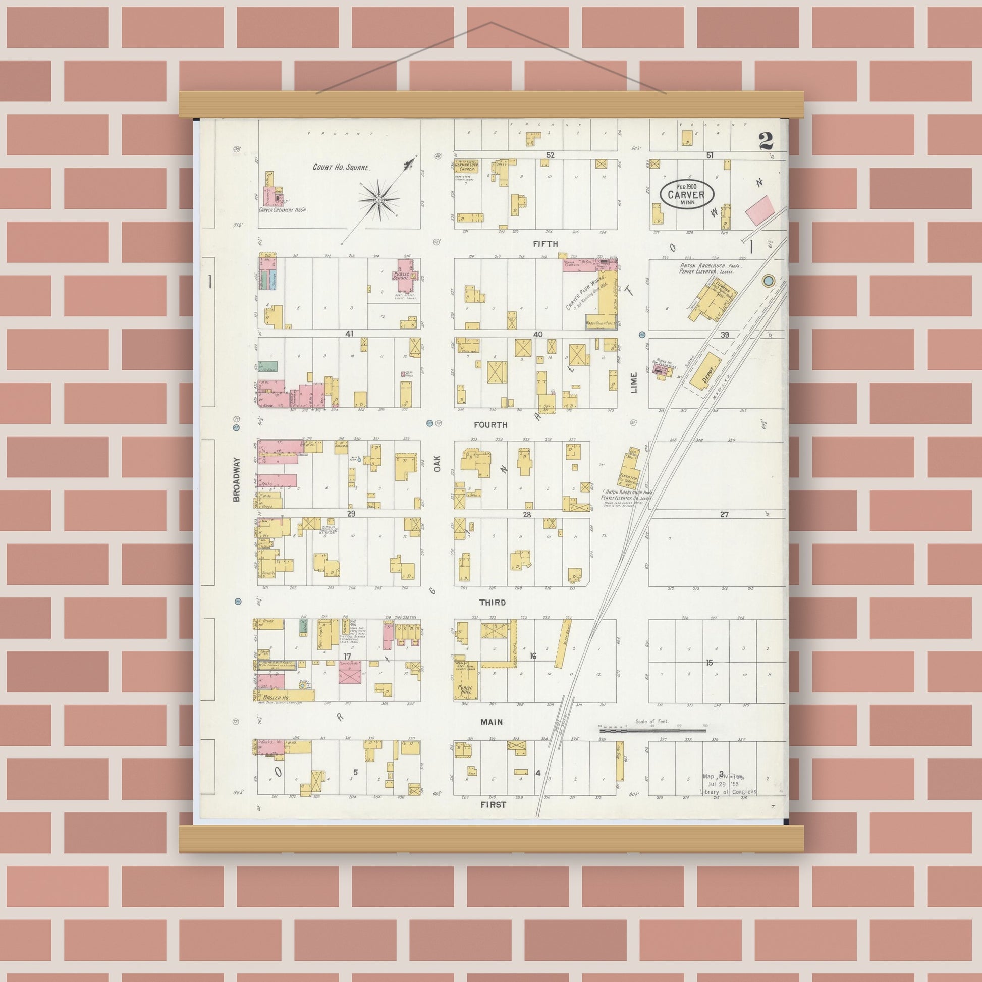Old map wall art mockup — magnetic wood frame on brick wall — Sanborn Fire Insurance Map from Carver, Carver County, Minnesota (1900), Sheet #0002