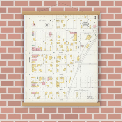 Old map wall art mockup — magnetic wood frame on brick wall — Sanborn Fire Insurance Map from Carver, Carver County, Minnesota (1900), Sheet #0002