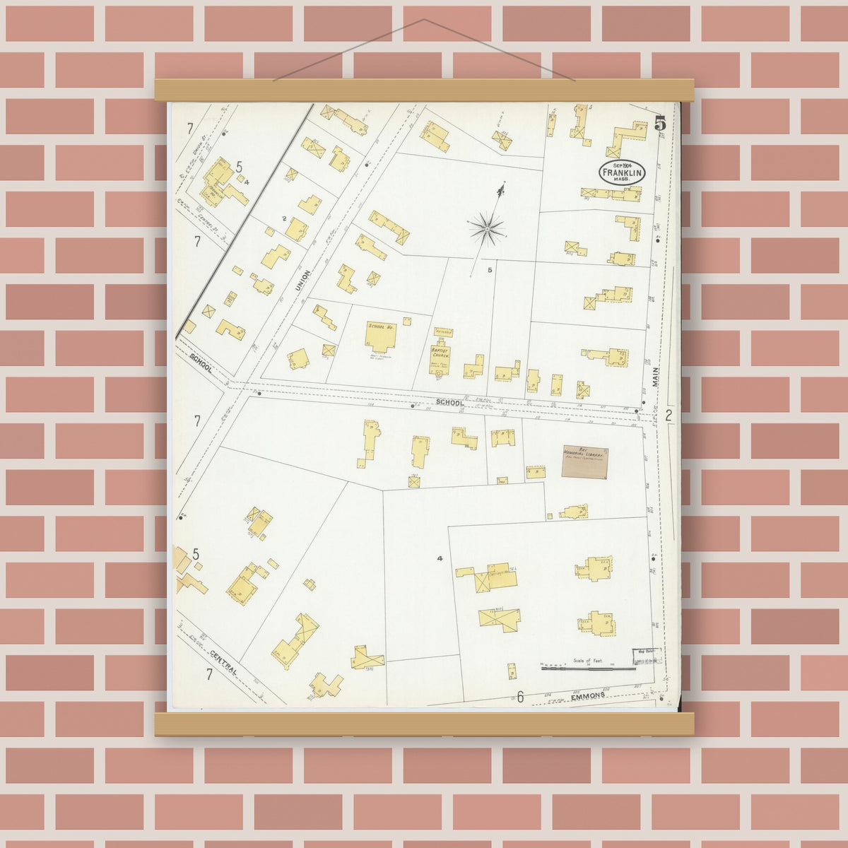 Old map wall art mockup — magnetic wood frame on brick wall — Sanborn Fire Insurance Map from Franklin, Norfolk County, Massachusetts (1904), Sheet #0005