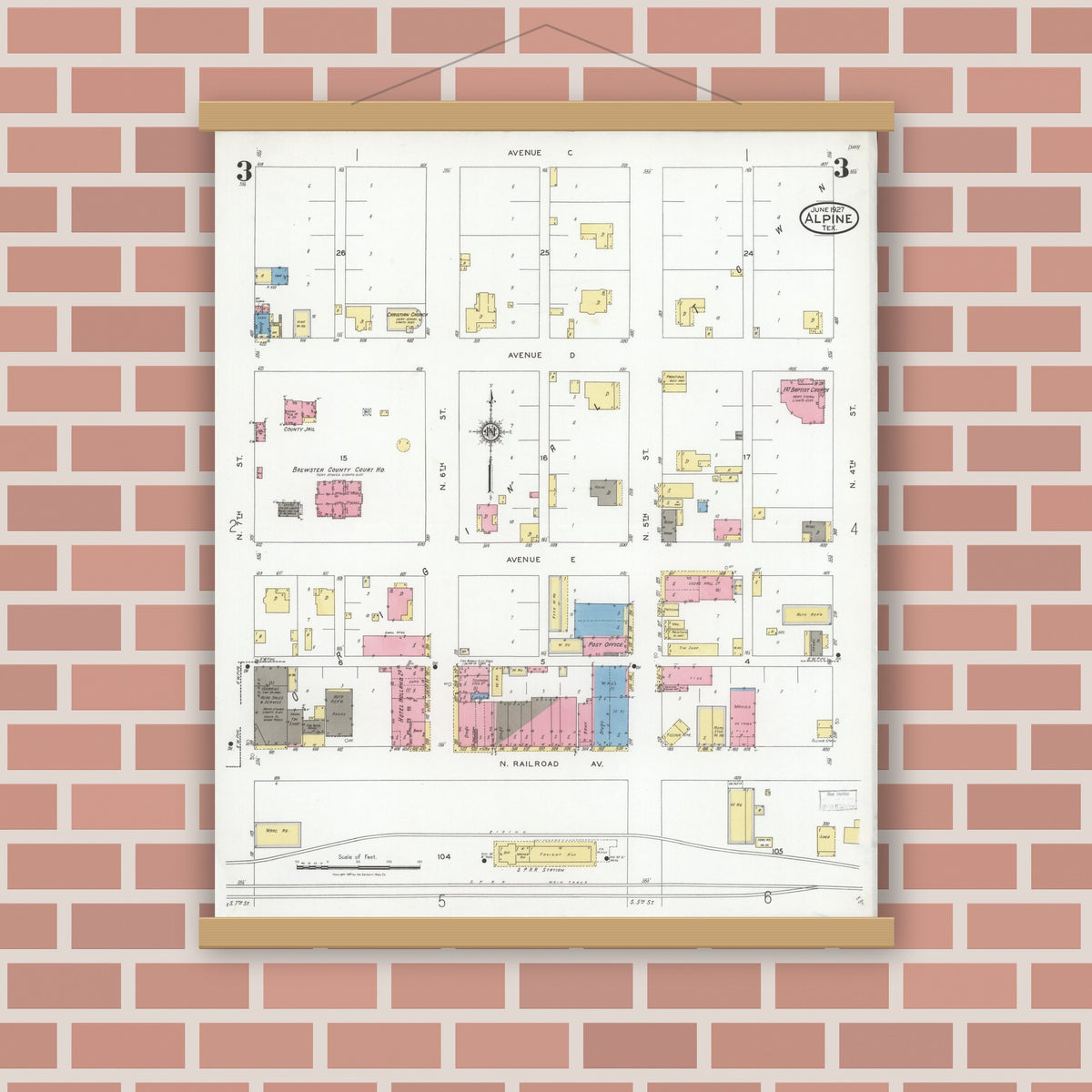 Old map wall art mockup — magnetic wood frame on brick wall — Sanborn Fire Insurance Map from Alpine, Brewster County, Texas (1927), Sheet #0003