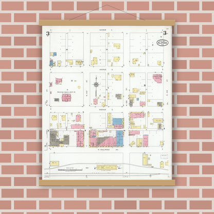 Old map wall art mockup — magnetic wood frame on brick wall — Sanborn Fire Insurance Map from Alpine, Brewster County, Texas (1927), Sheet #0003