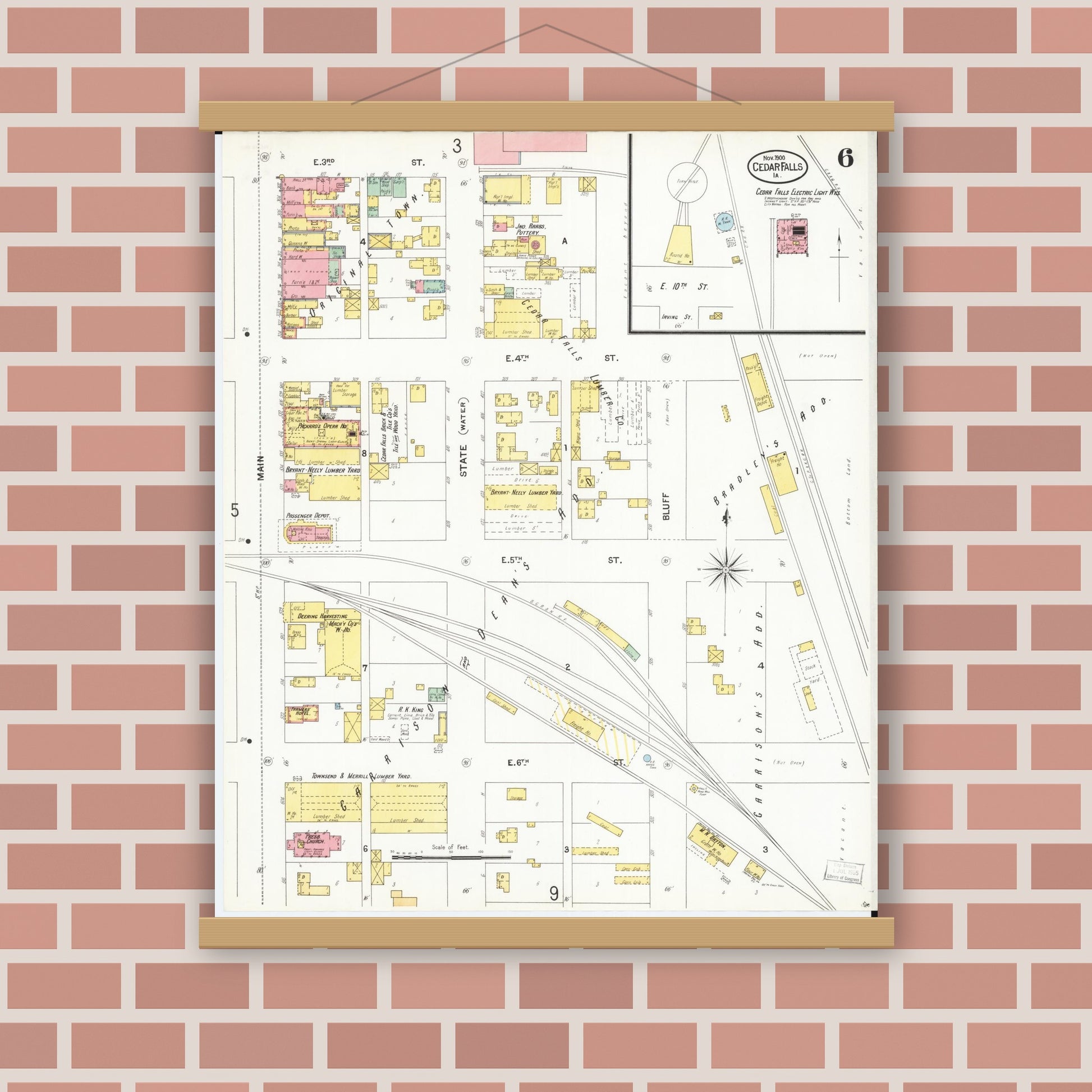 Old map wall art mockup — magnetic wood frame on brick wall — Sanborn Fire Insurance Map from Cedar Falls, Black Hawk County, Iowa (1900), Sheet #0006