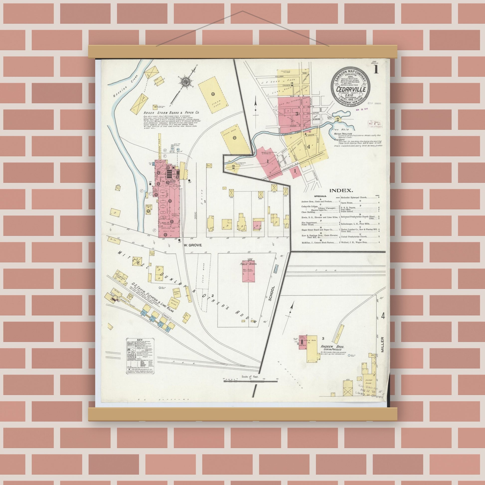Old map wall art mockup — magnetic wood frame on brick wall — Sanborn Fire Insurance Map from Cedarville, Greene County, Ohio (1910) - Complete Map Set