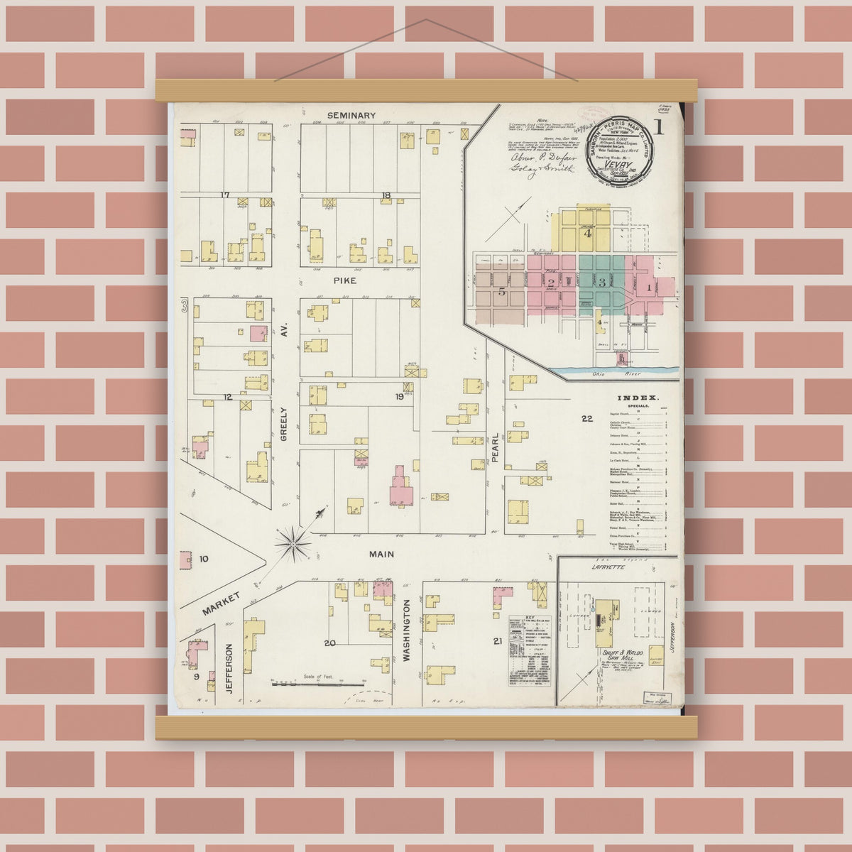 Old map wall art mockup — magnetic wood frame on brick wall — Sanborn Fire Insurance Map from Vevay, Switzerland County, Indiana (1892), Sheet #0001