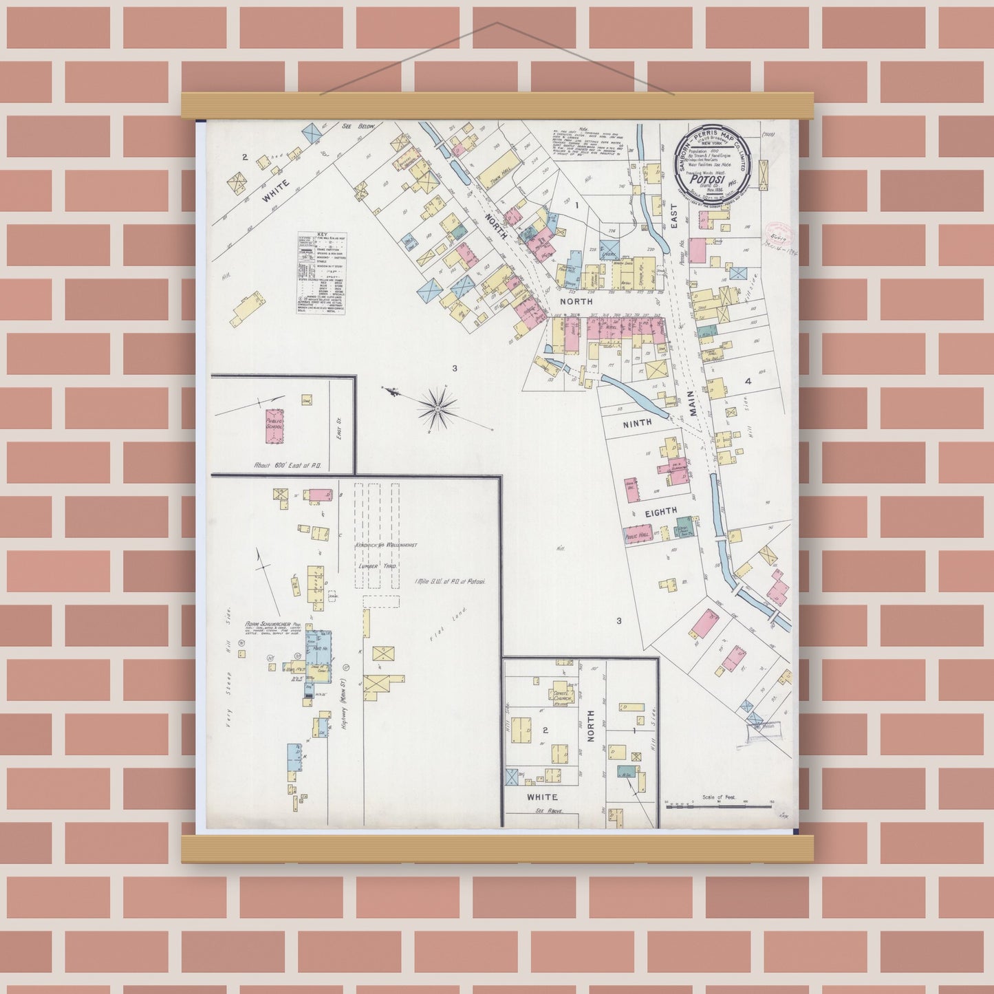 Old map wall art mockup — magnetic wood frame on brick wall — Sanborn Fire Insurance Map from Potosi, Grant County, Wisconsin (1894), Sheet #0001