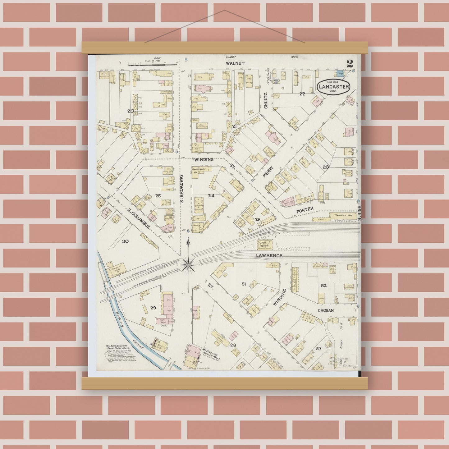 Old map wall art mockup — magnetic wood frame on brick wall — Sanborn Fire Insurance Map from Lancaster, Fairfield County, Ohio (1889), Sheet #0002