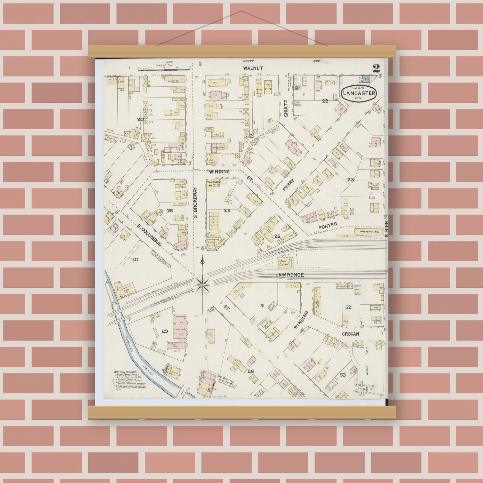 Old map wall art mockup — magnetic wood frame on brick wall — Sanborn Fire Insurance Map from Lancaster, Fairfield County, Ohio (1889), Sheet #0002