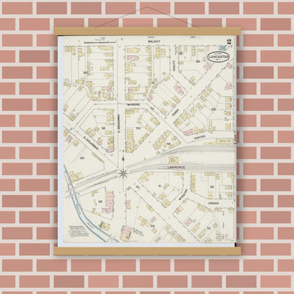 Old map wall art mockup — magnetic wood frame on brick wall — Sanborn Fire Insurance Map from Lancaster, Fairfield County, Ohio (1889), Sheet #0002