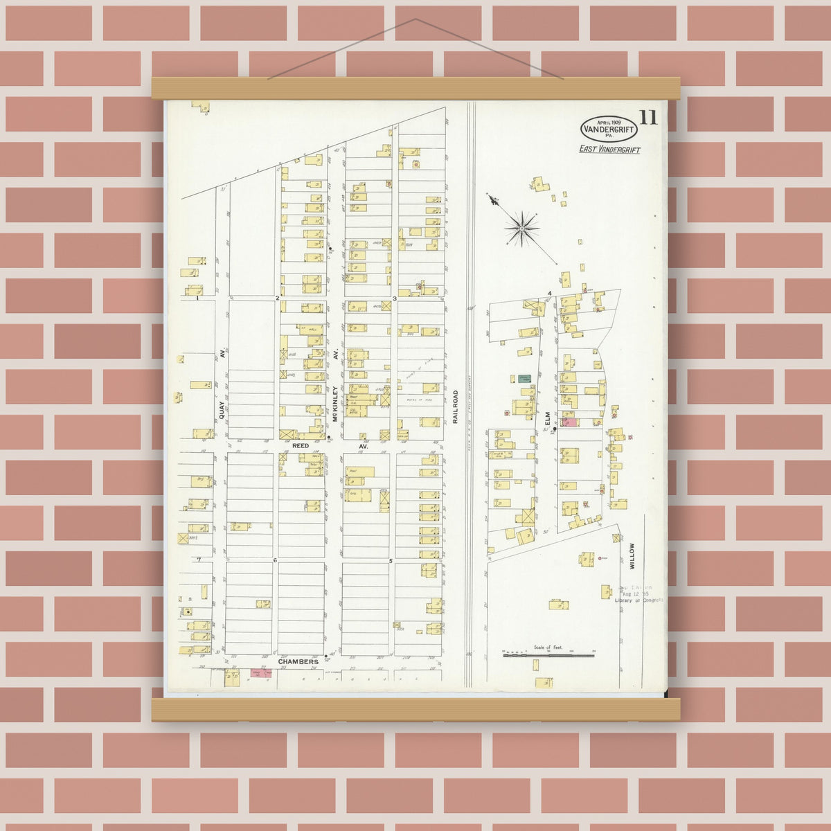 Old map wall art mockup — magnetic wood frame on brick wall — Sanborn Fire Insurance Map from Vandergrift, Westmoreland County, Pennsylvania (1909), Sheet #0011