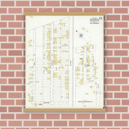 Old map wall art mockup — magnetic wood frame on brick wall — Sanborn Fire Insurance Map from Vandergrift, Westmoreland County, Pennsylvania (1909), Sheet #0011