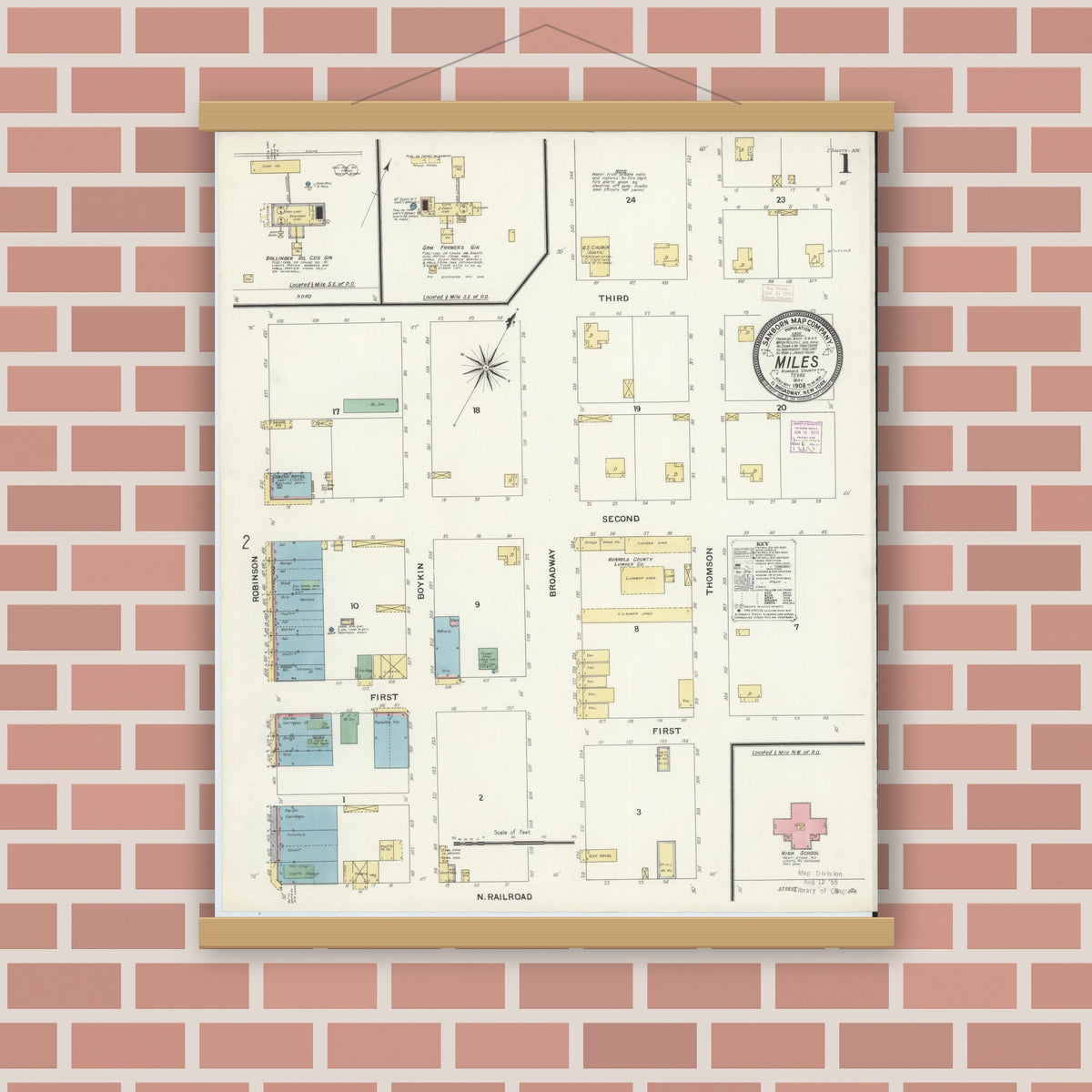 Old map wall art mockup — magnetic wood frame on brick wall — Sanborn Fire Insurance Map from Miles, Runnels County, Texas (1908) - Complete Map Set