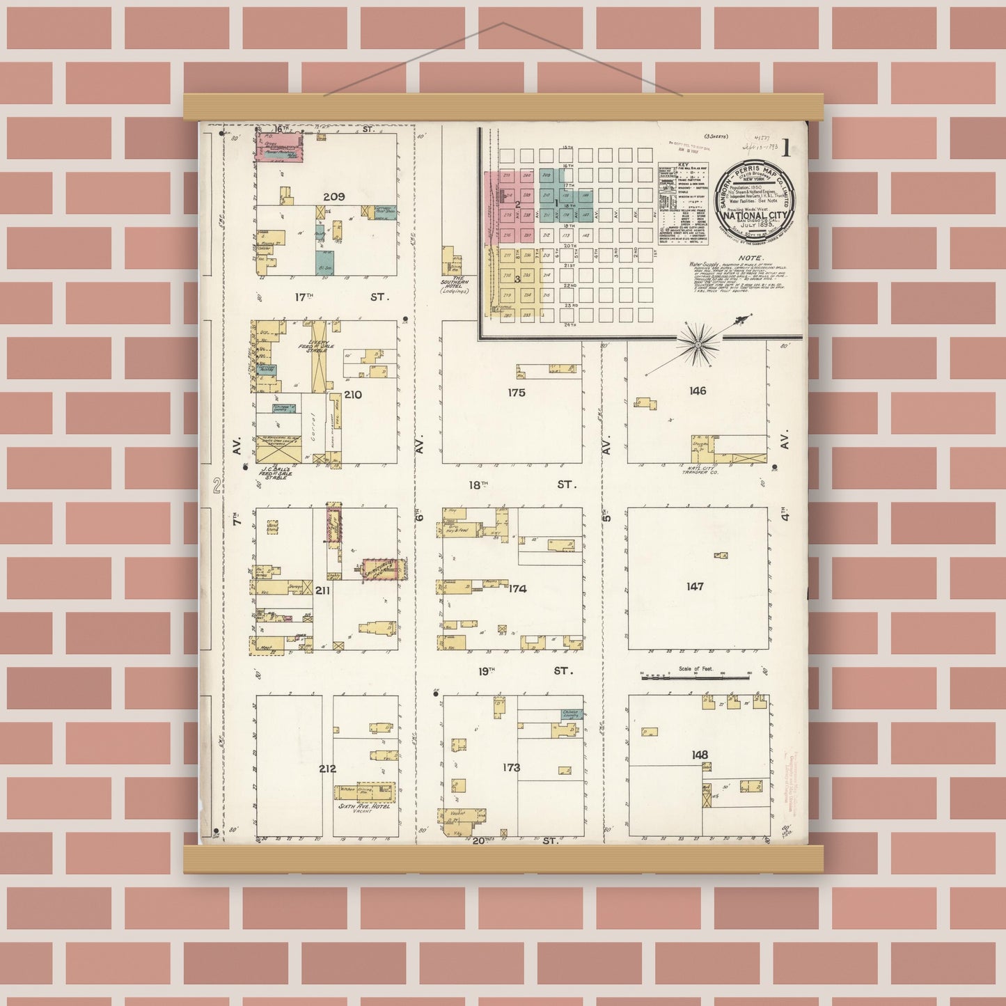 Old map wall art mockup — magnetic wood frame on brick wall — Sanborn Fire Insurance Map from National City, San Diego County, California (1893), Sheet #0001