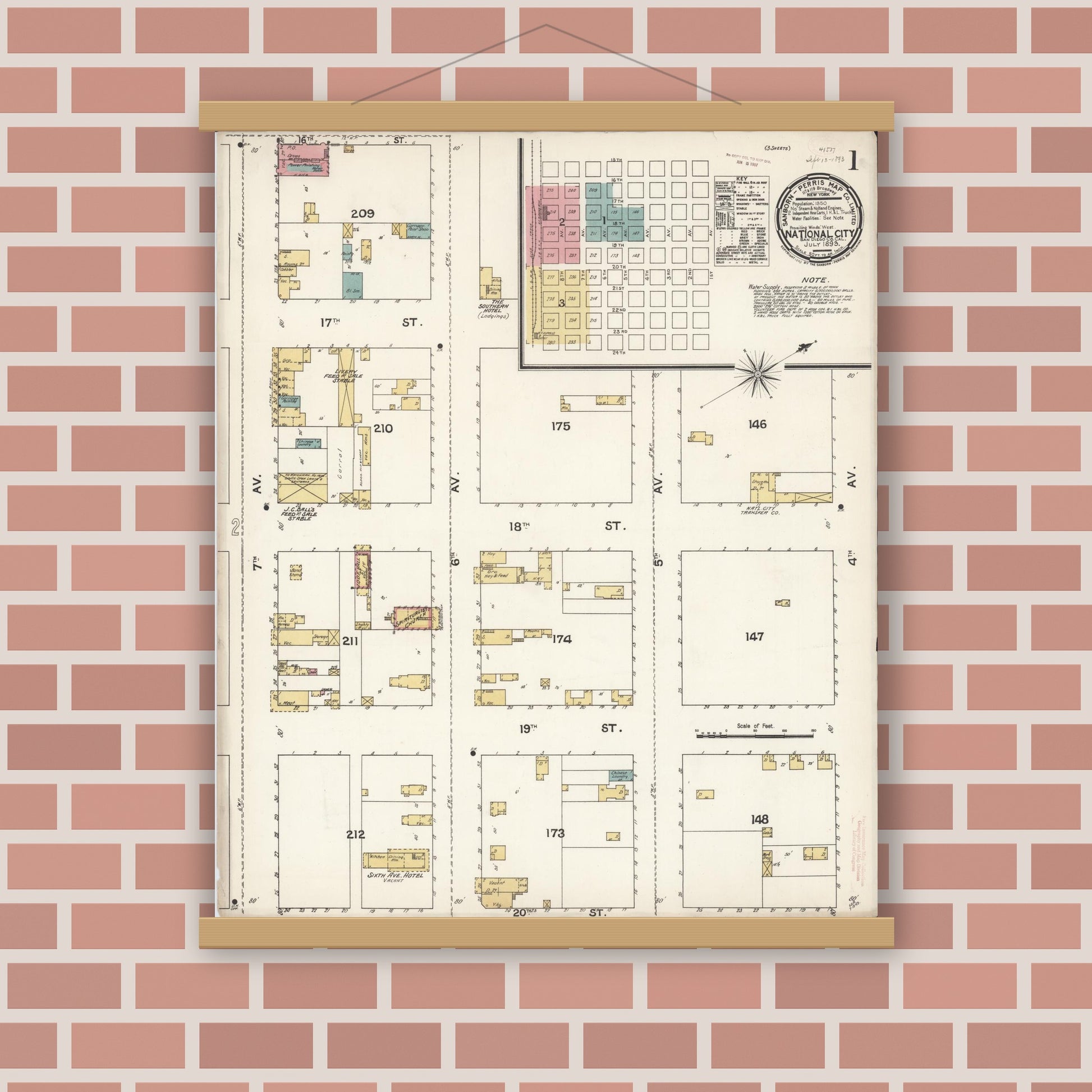 Old map wall art mockup — magnetic wood frame on brick wall — Sanborn Fire Insurance Map from National City, San Diego County, California (1893), Sheet #0001