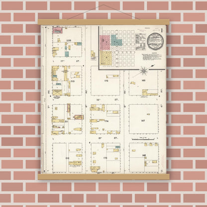Old map wall art mockup — magnetic wood frame on brick wall — Sanborn Fire Insurance Map from National City, San Diego County, California (1893), Sheet #0001