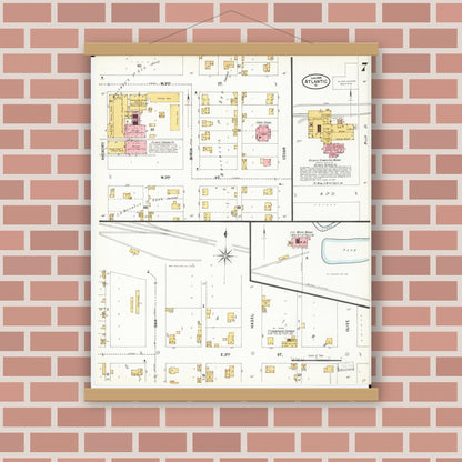 Old map wall art mockup — magnetic wood frame on brick wall — Sanborn Fire Insurance Map from Atlantic, Cass County, Iowa (1899), Sheet #0007